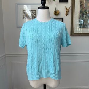 Vintage Ralph Lauren Sport Turquoise Blue Short Sleeve Cable Sweater Cotton XL
